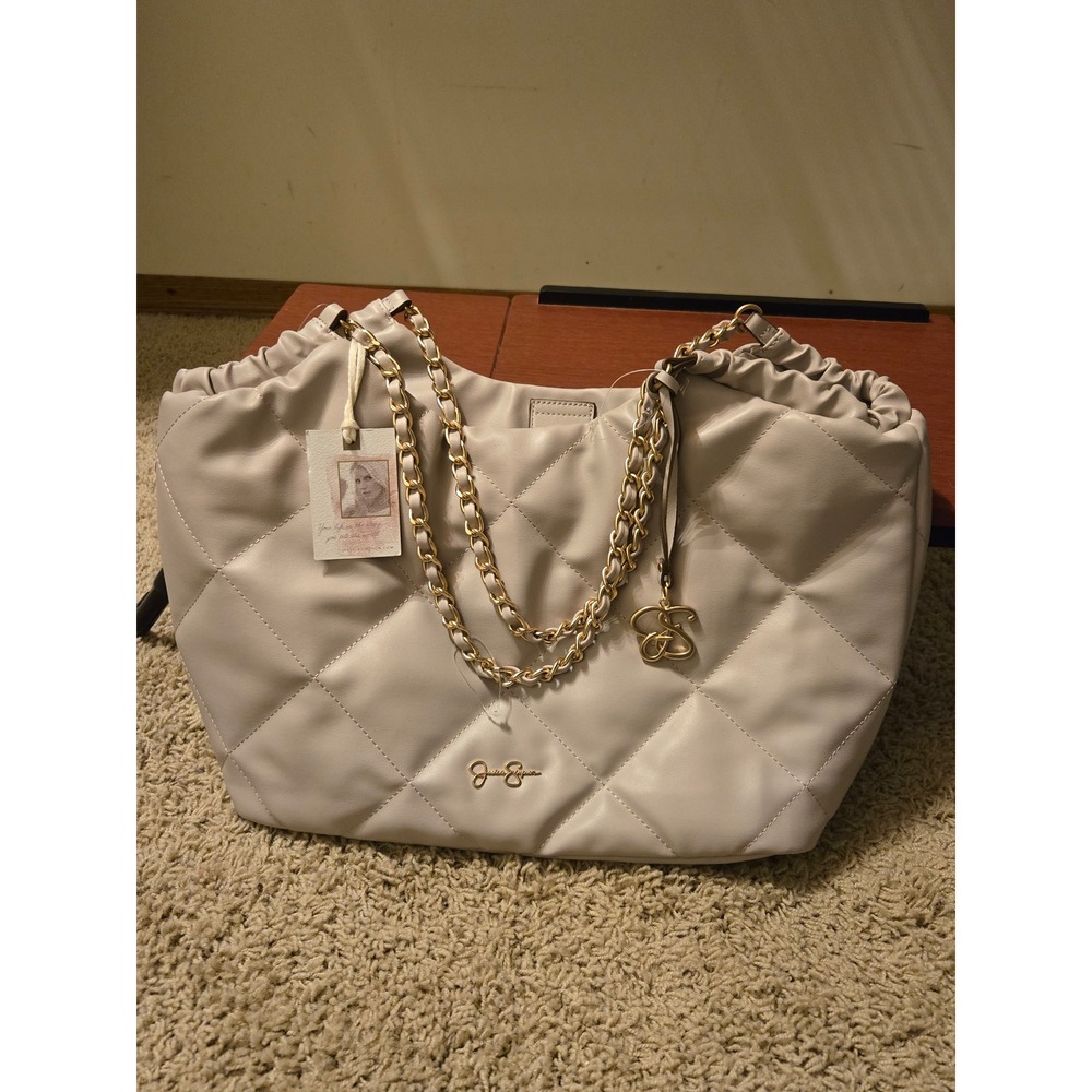 Jessica Simpson Cream Quilted‎ Faux Leather Shoulder Bag Gold Chain Tote NWT